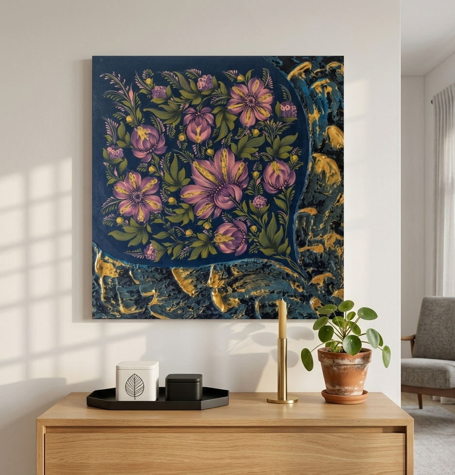 Floral tapestry on a wall above a wooden console table with decorative items.